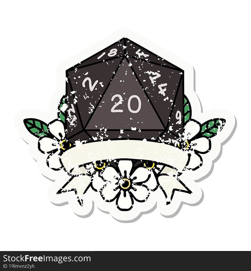 natural 20 critical hit D20 dice roll grunge sticker