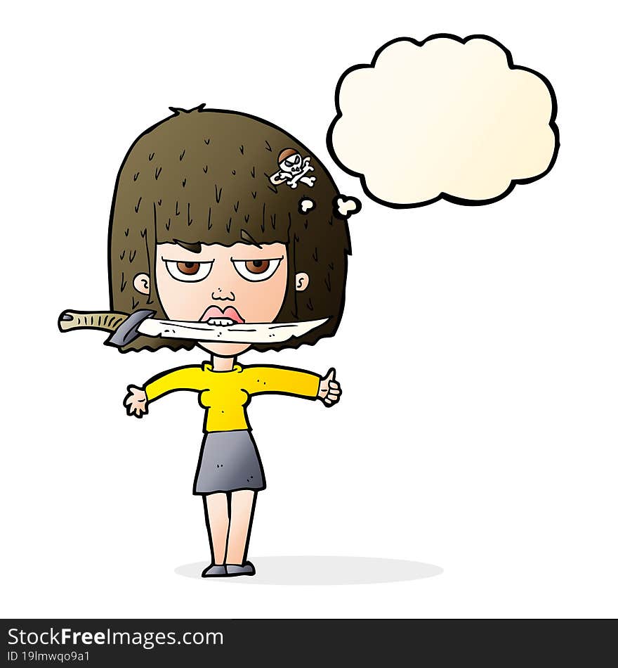 cartoon woman with knife between teeth with thought bubble