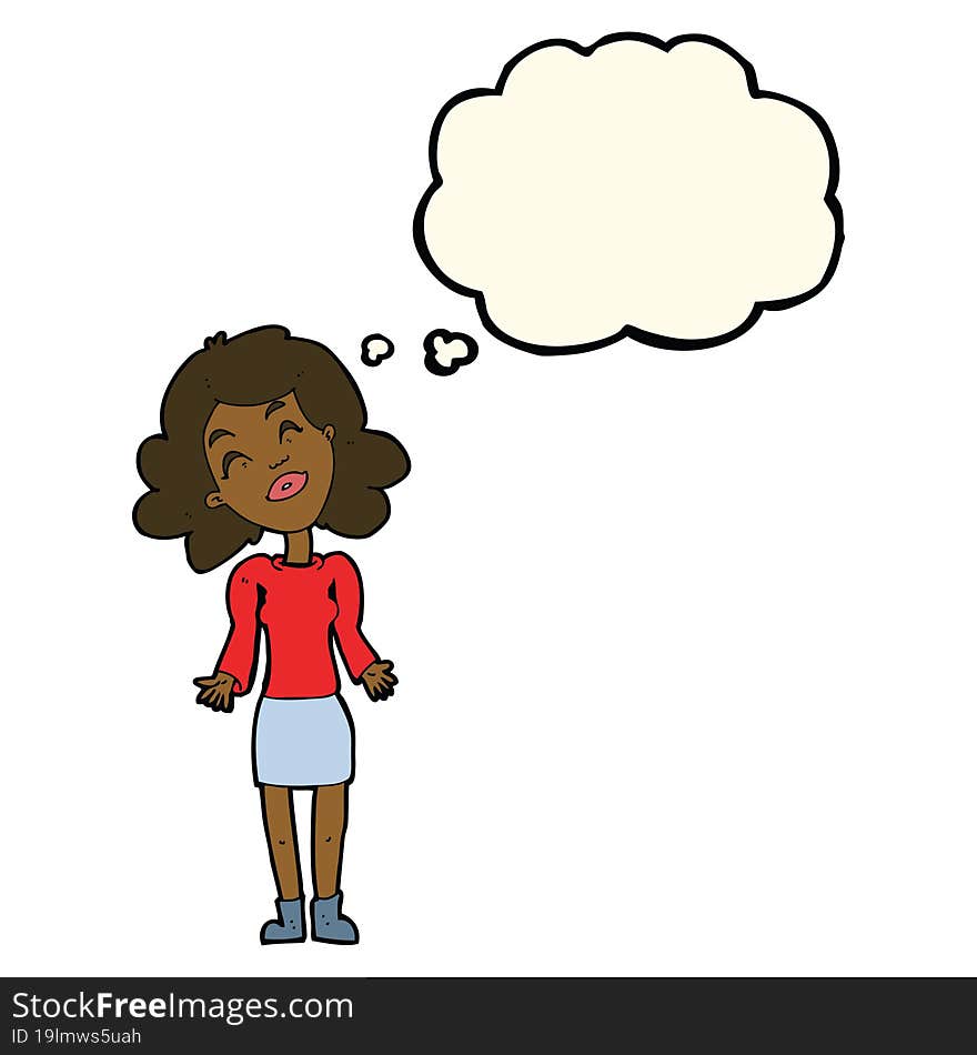 cartoon woman shrugging shoulders with thought bubble