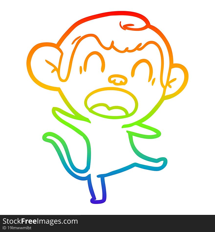 rainbow gradient line drawing of a shouting cartoon monkey dancing