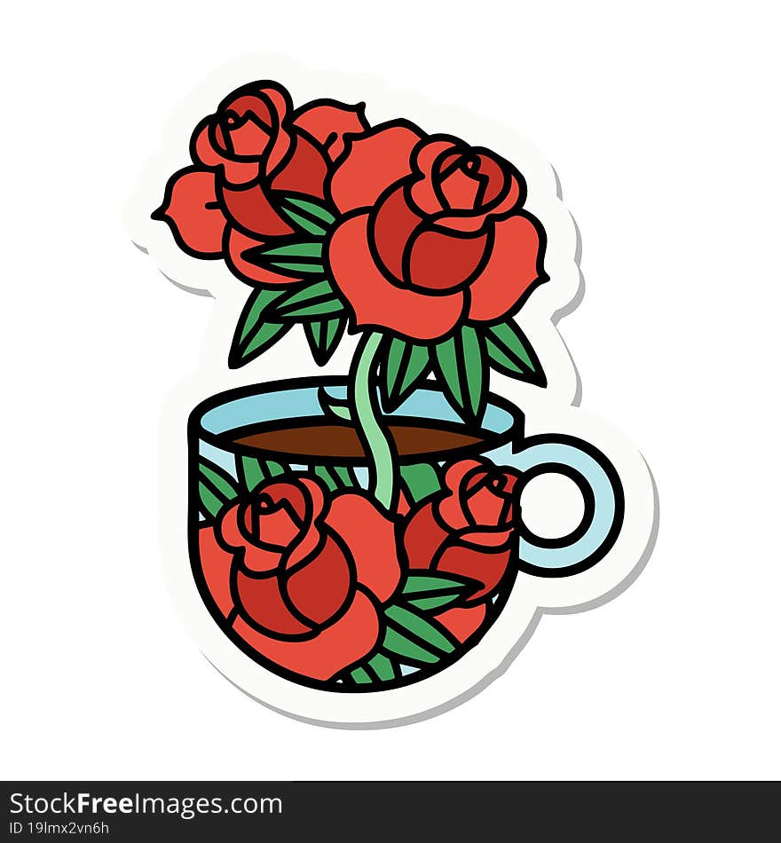 Tattoo Style Sticker Of A Cup And Flowers