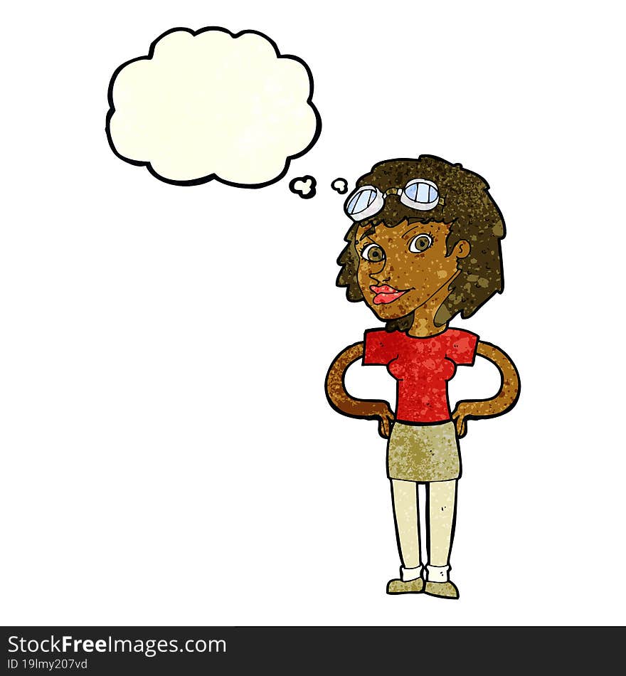 cartoon retro pilot woman with thought bubble