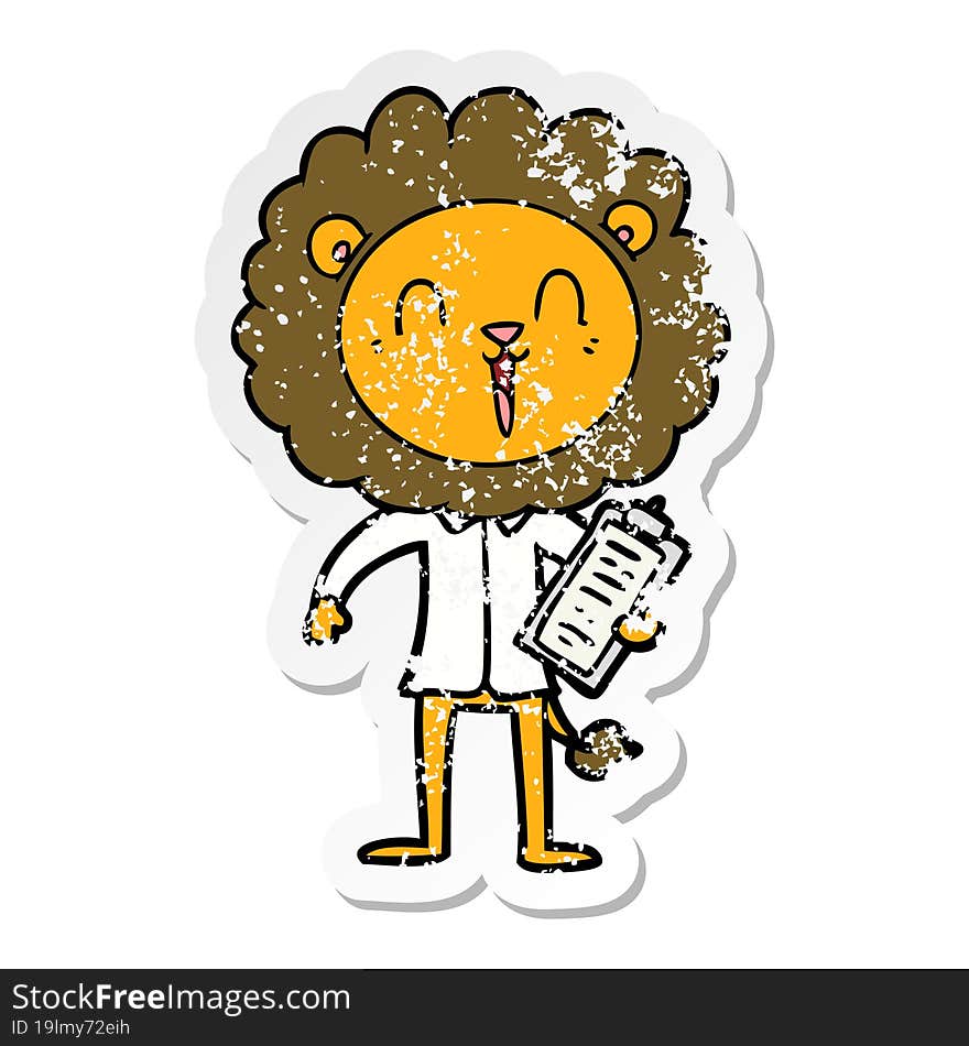 distressed sticker of a laughing lion cartoon