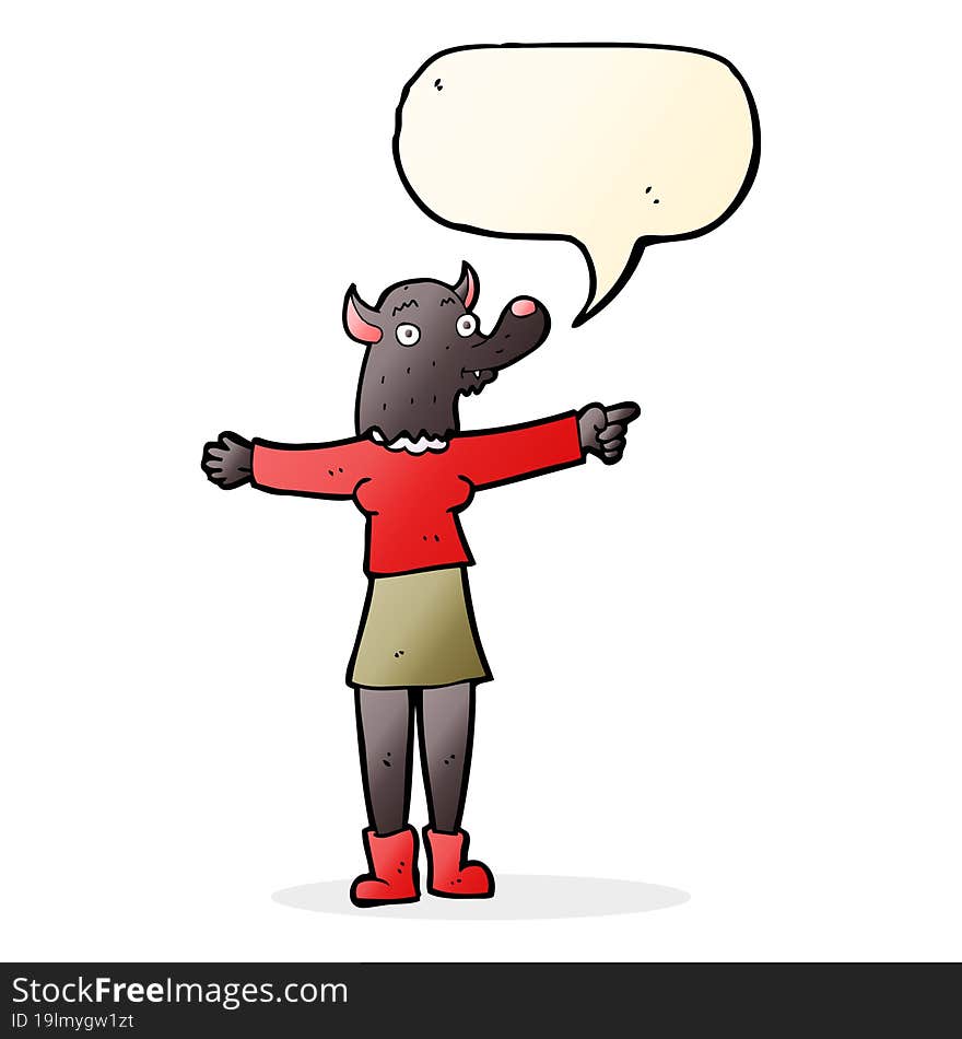 cartoon pointing werewolf woman with speech bubble