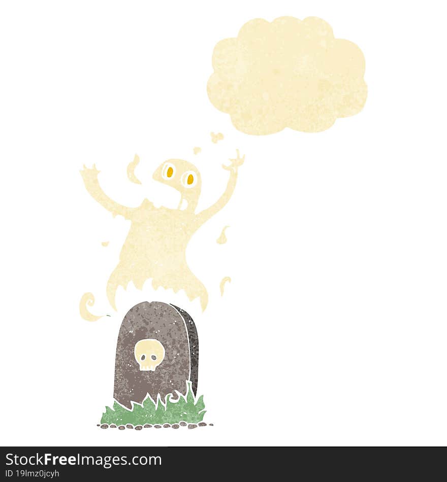 Cartoon Ghost Rising From Grave With Thought Bubble