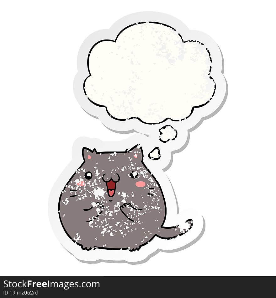 Happy Cartoon Cat And Thought Bubble As A Distressed Worn Sticker