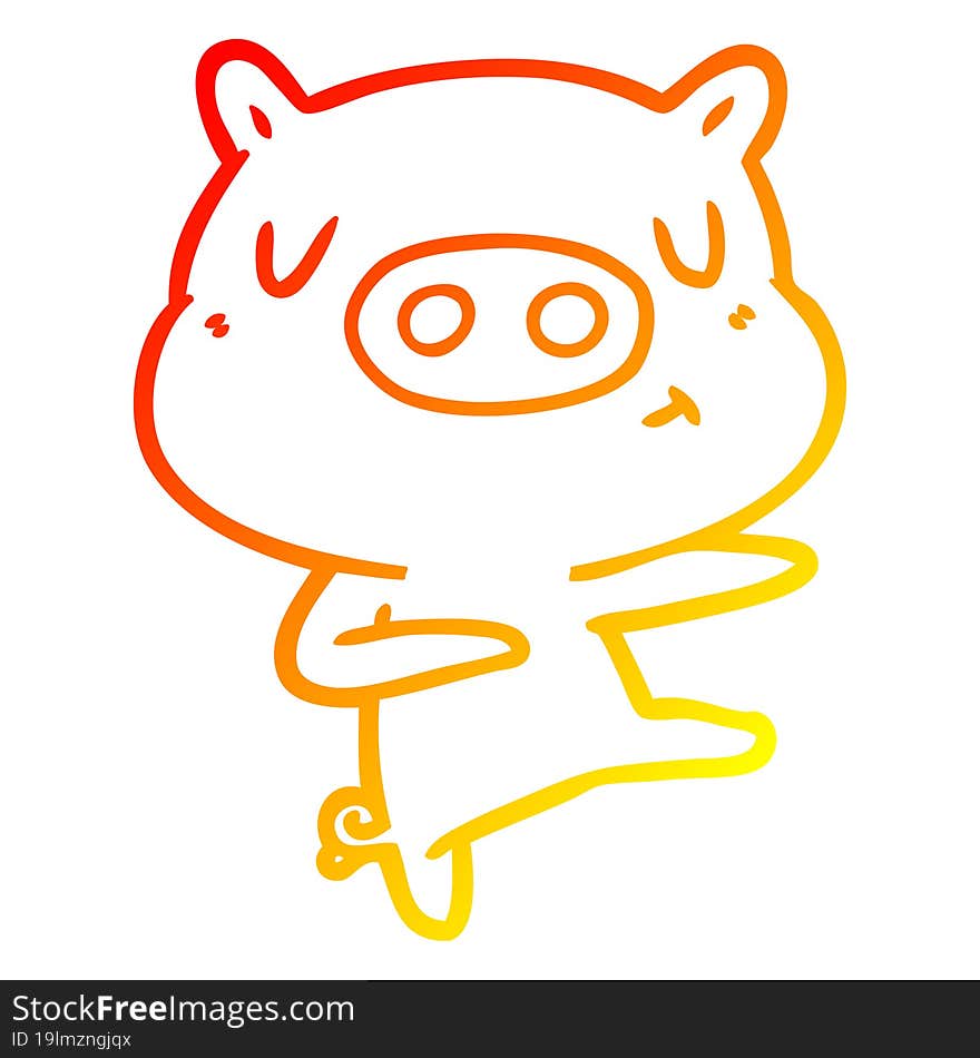 warm gradient line drawing of a cartoon content pig dancing