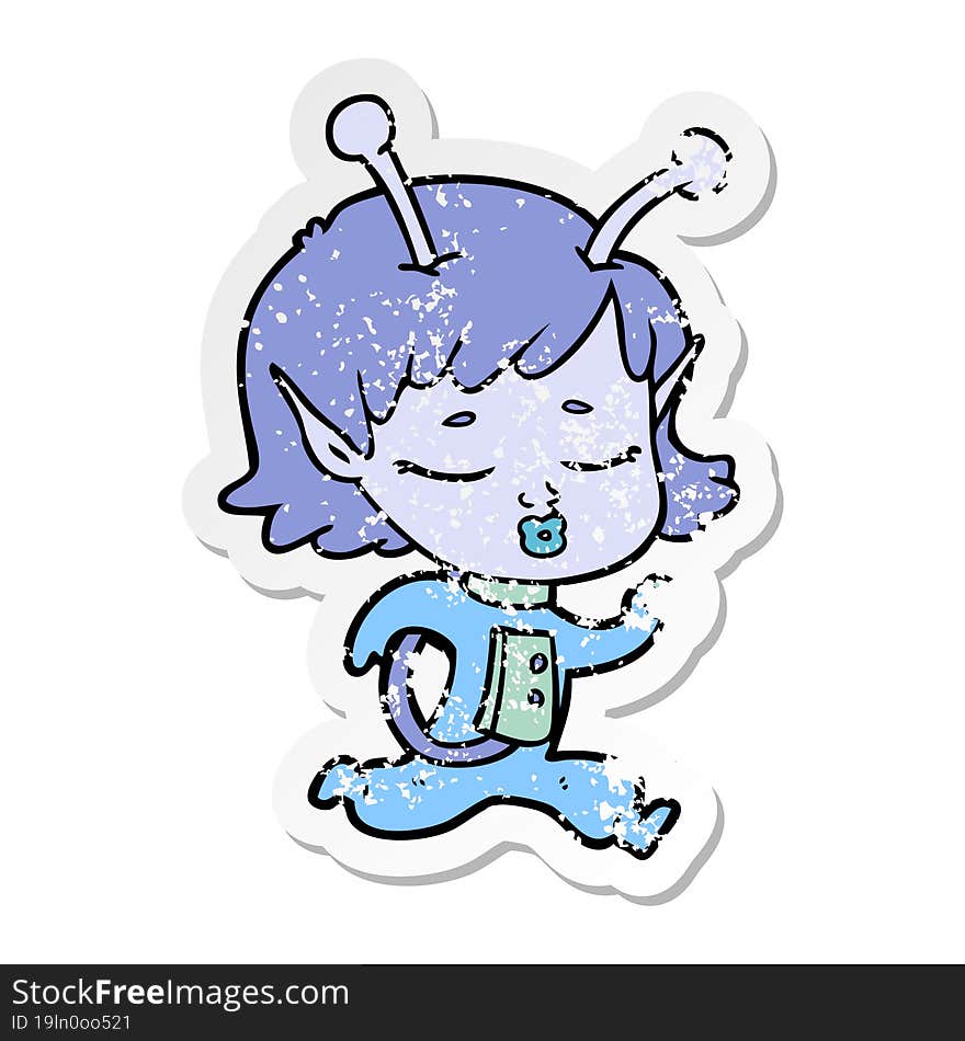 distressed sticker of a cartoon alien girl