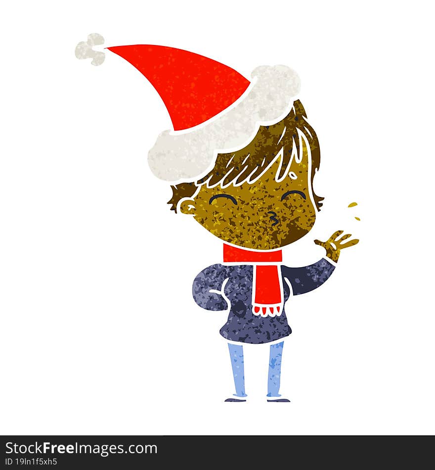 retro cartoon of a woman thinking wearing santa hat