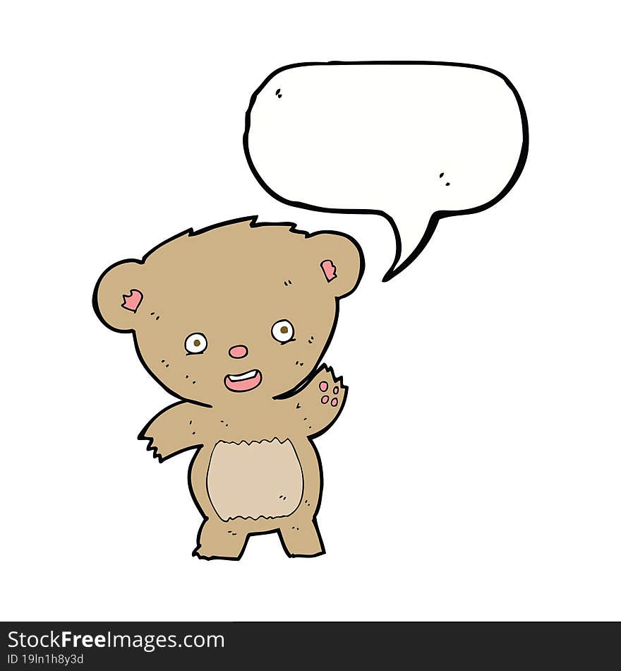 cartoon waving teddy bear with speech bubble