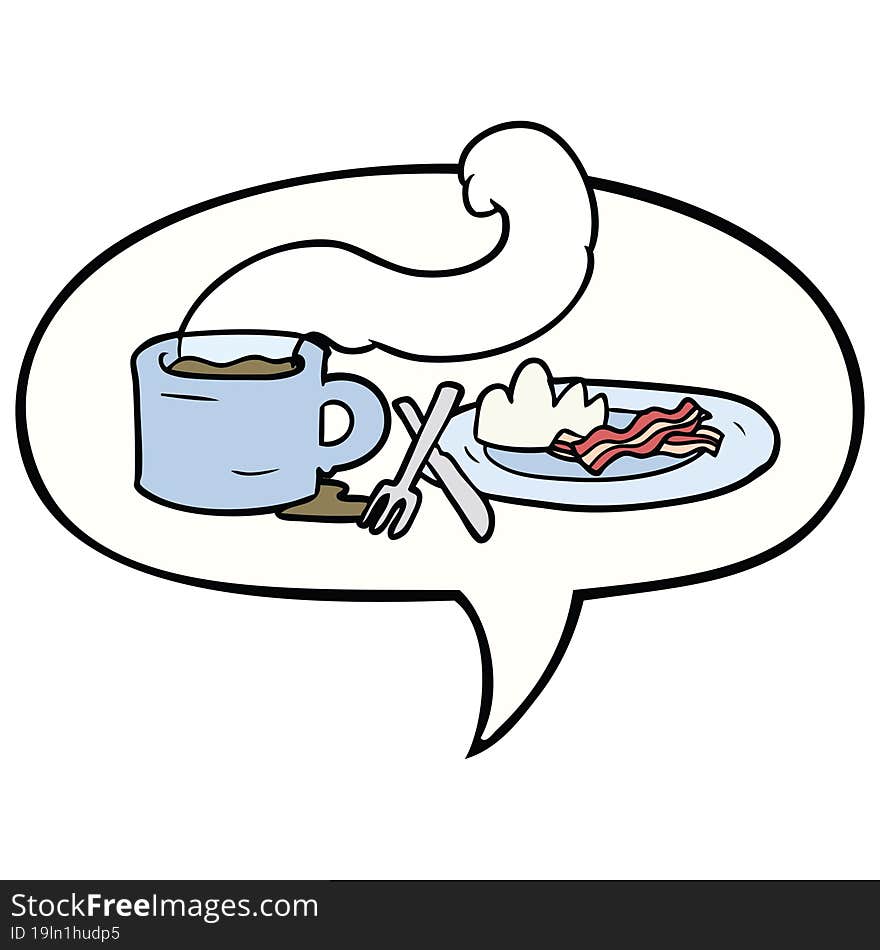 cartoon breakfast of coffee and bacon and speech bubble