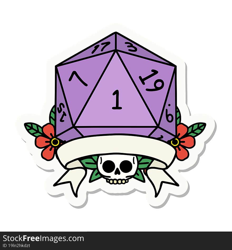 sticker of a natural one d20 dice roll. sticker of a natural one d20 dice roll