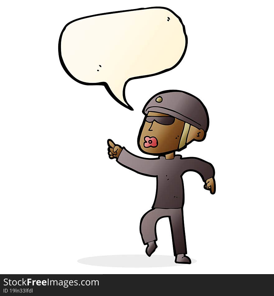 cartoon man in bike helmet pointing with speech bubble