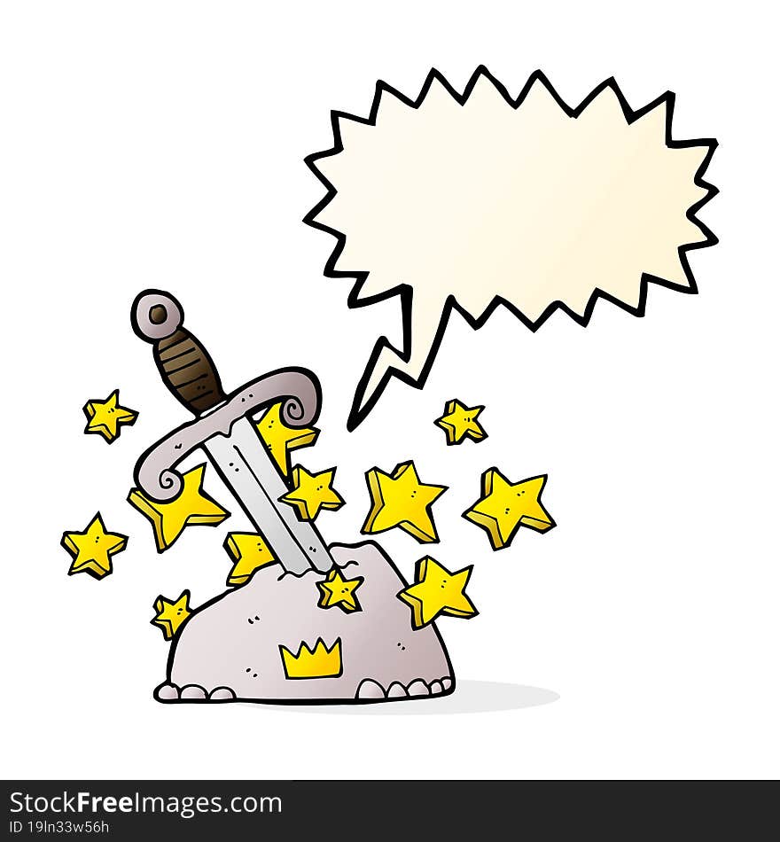 cartoon magical sword in stone with speech bubble