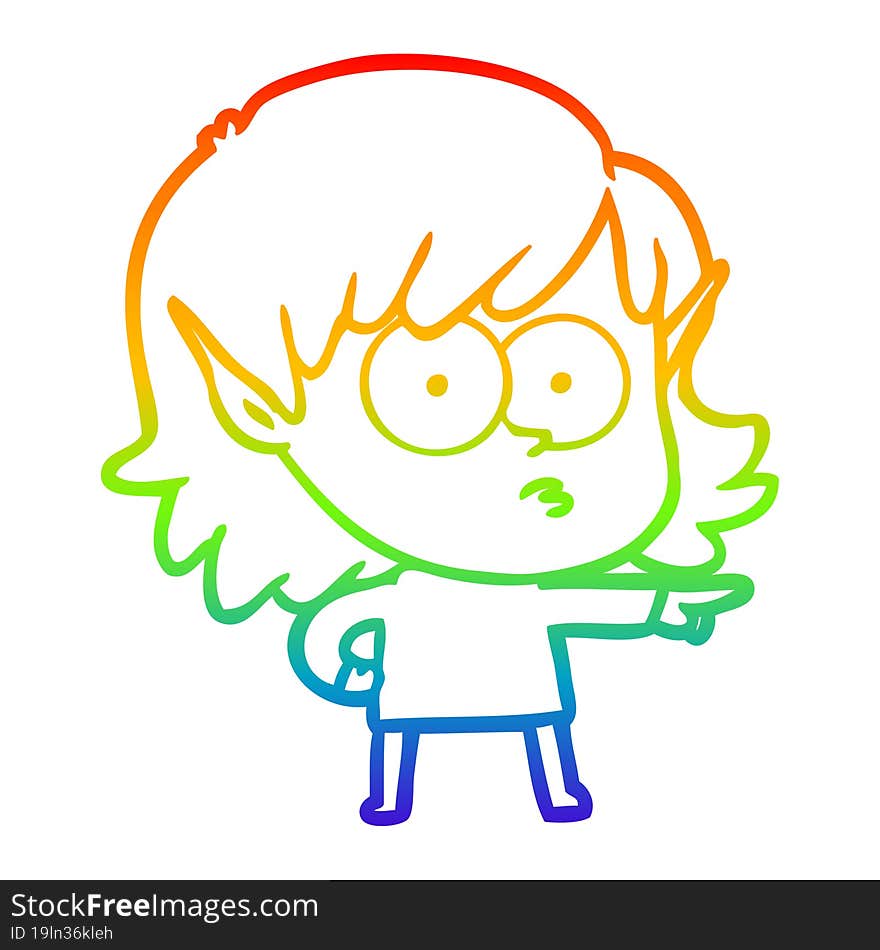 rainbow gradient line drawing cartoon elf girl pointing