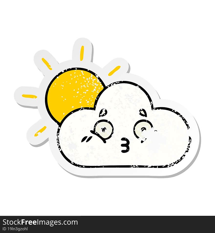 distressed sticker of a cute cartoon sunshine and cloud