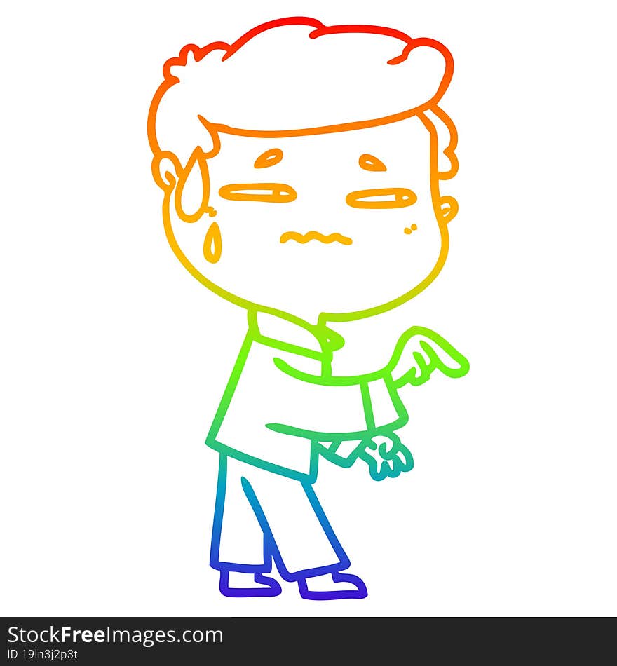 rainbow gradient line drawing of a cartoon anxious man pointing