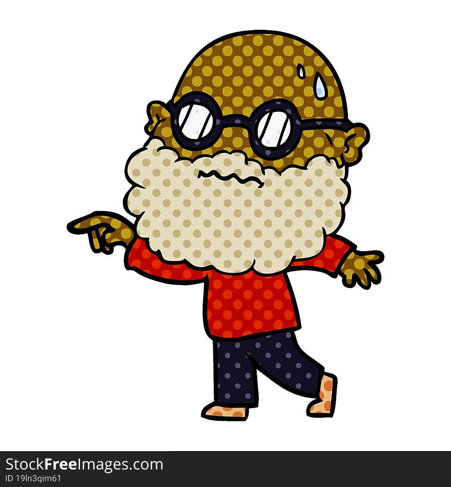 cartoon worried man with beard and spectacles pointing finger. cartoon worried man with beard and spectacles pointing finger