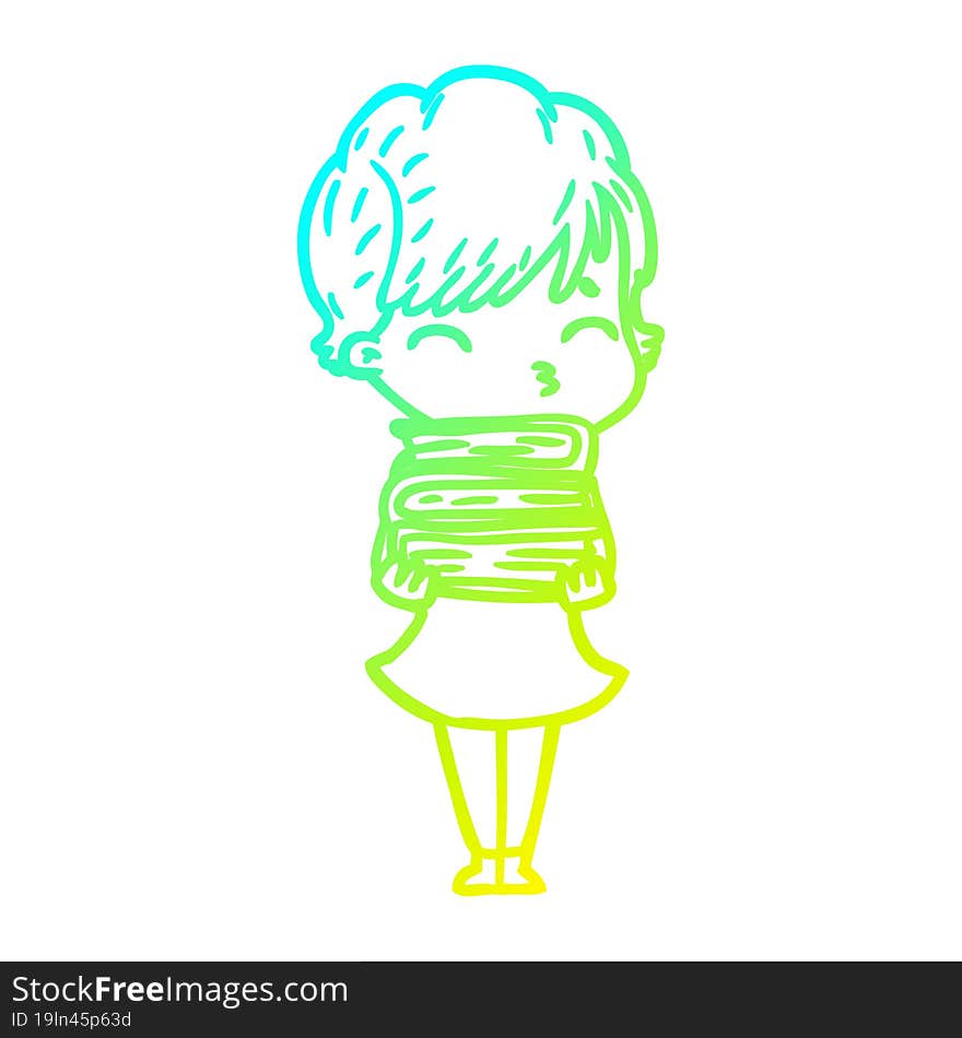 Cold Gradient Line Drawing Cartoon Woman Thinking