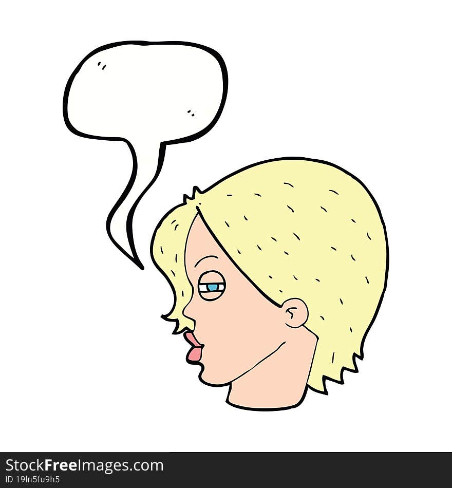 cartoon female face with narrowed eyes with speech bubble