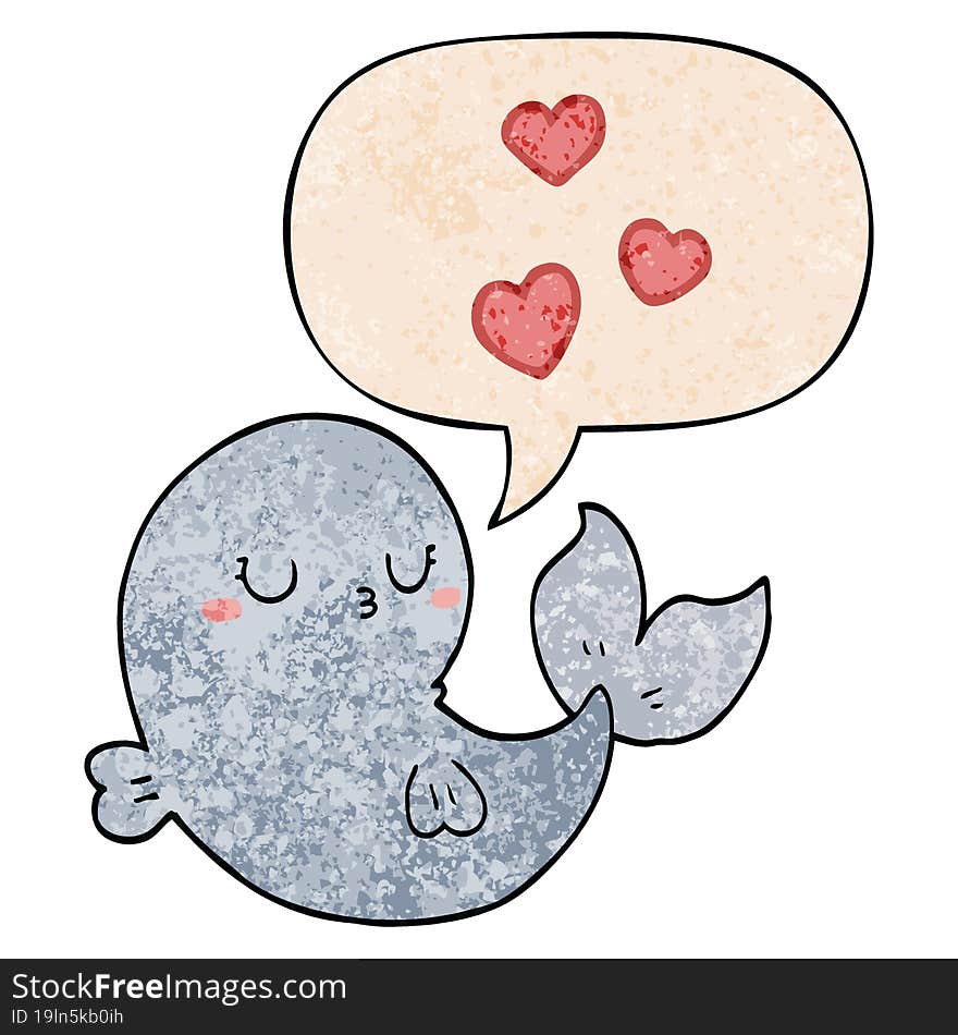 cute cartoon whale in love with speech bubble in retro texture style