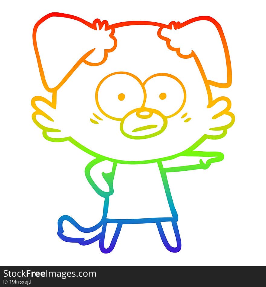 rainbow gradient line drawing of a nervous cartoon dog in dress pointing