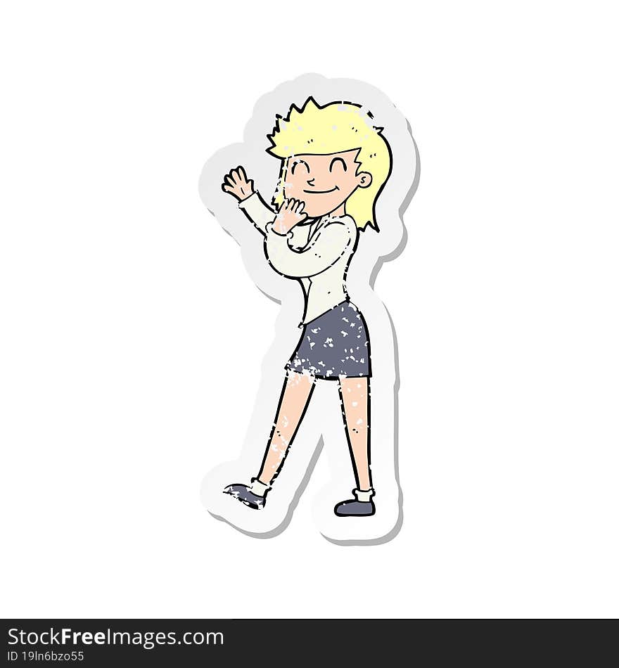 retro distressed sticker of a cartoon happy businesswoman