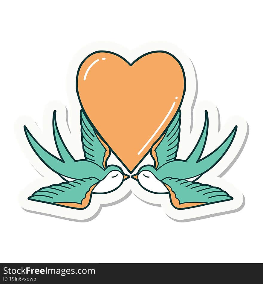 sticker of tattoo in traditional style of swallows and a heart. sticker of tattoo in traditional style of swallows and a heart