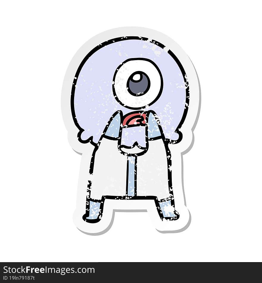 Distressed Sticker Of A Cartoon Cyclops Alien Spaceman