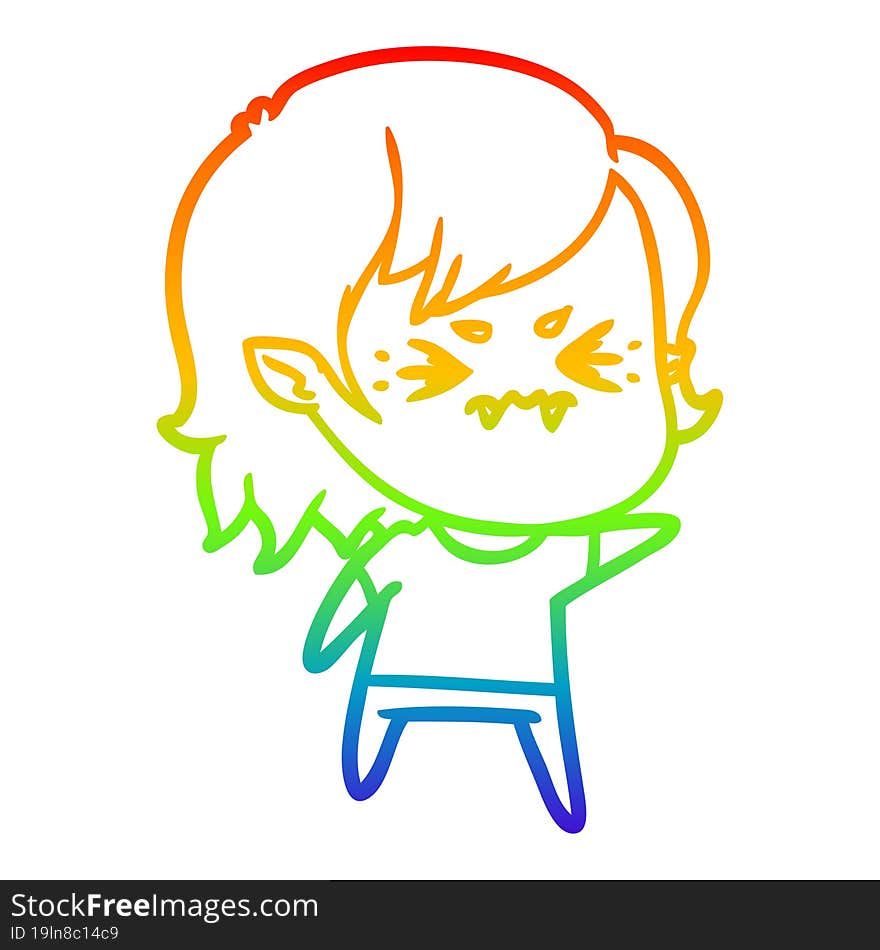 Rainbow Gradient Line Drawing Annoyed Cartoon Vampire Girl