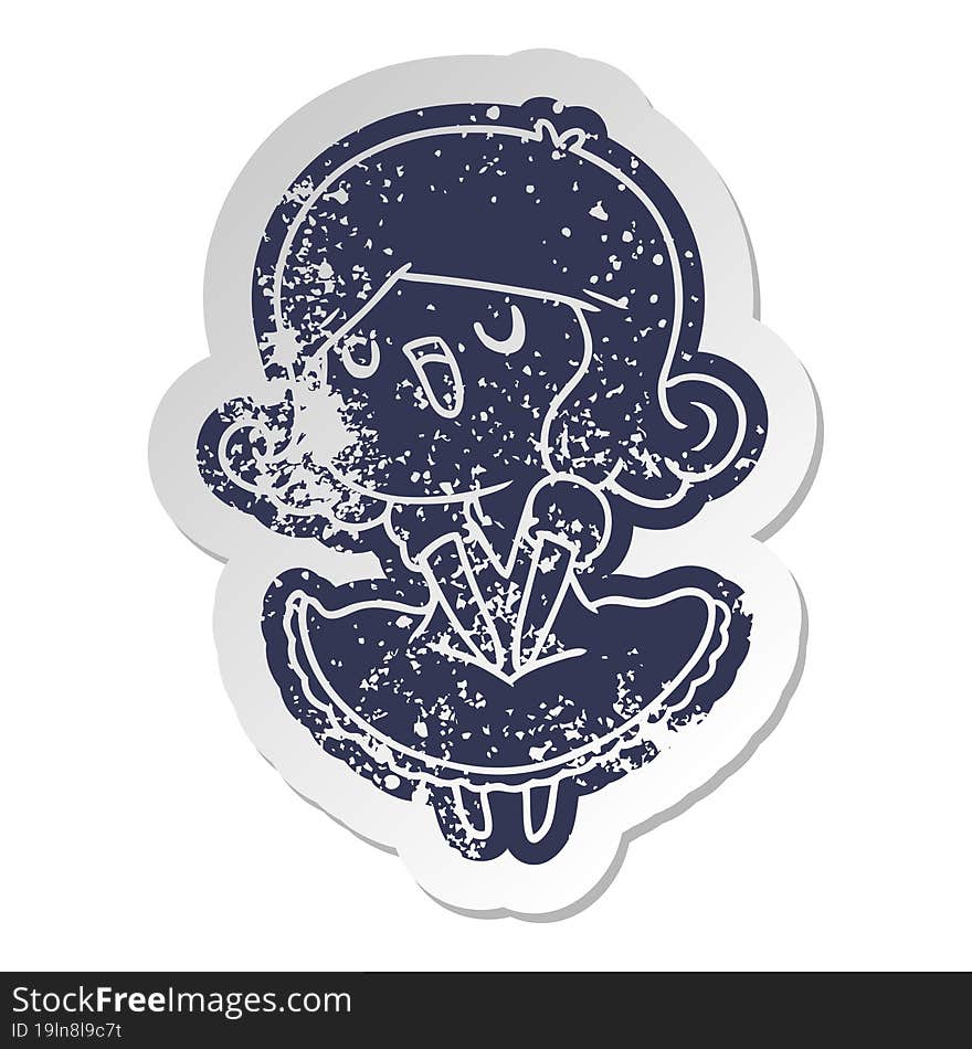 distressed old cartoon sticker of a cute singing kawaii girl