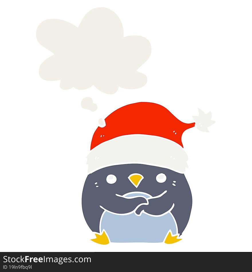 cute cartoon penguin wearing christmas hat and thought bubble in retro style