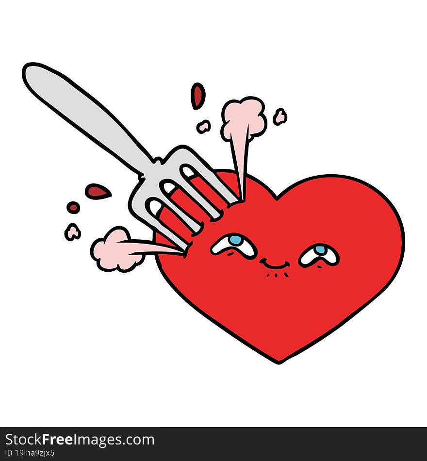 cartoon love heart stuck with fork. cartoon love heart stuck with fork