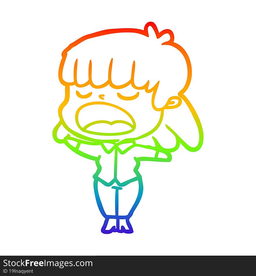 rainbow gradient line drawing cartoon woman talking loudly