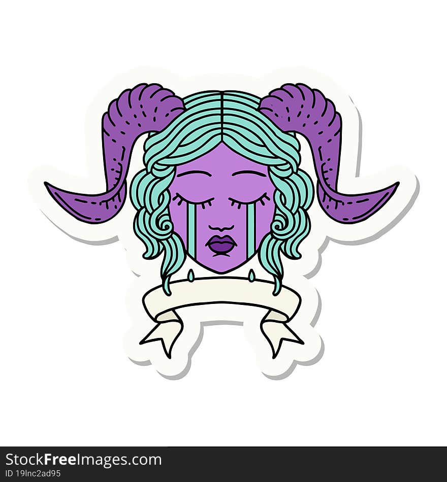 sticker of a crying tiefling character face with scroll banner. sticker of a crying tiefling character face with scroll banner