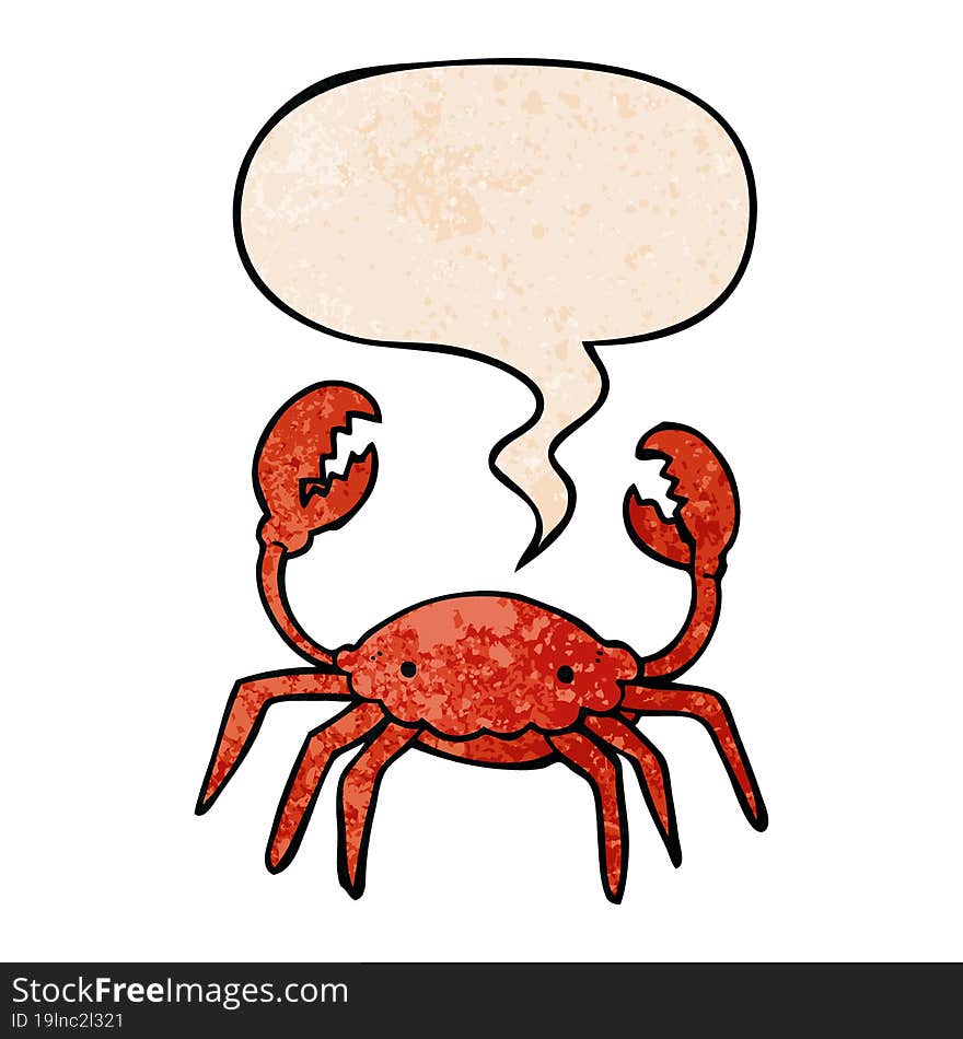 cartoon crab and speech bubble in retro texture style