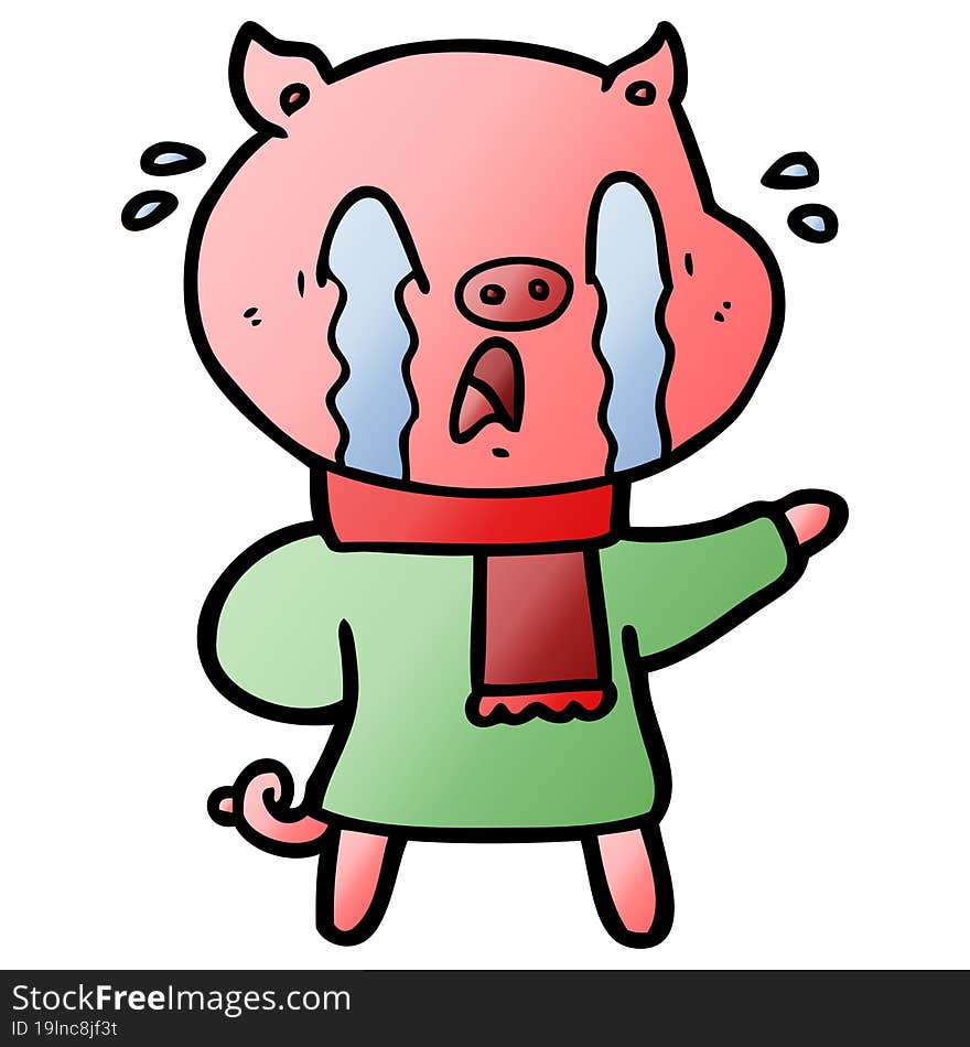 crying pig cartoon wearing human clothes. crying pig cartoon wearing human clothes