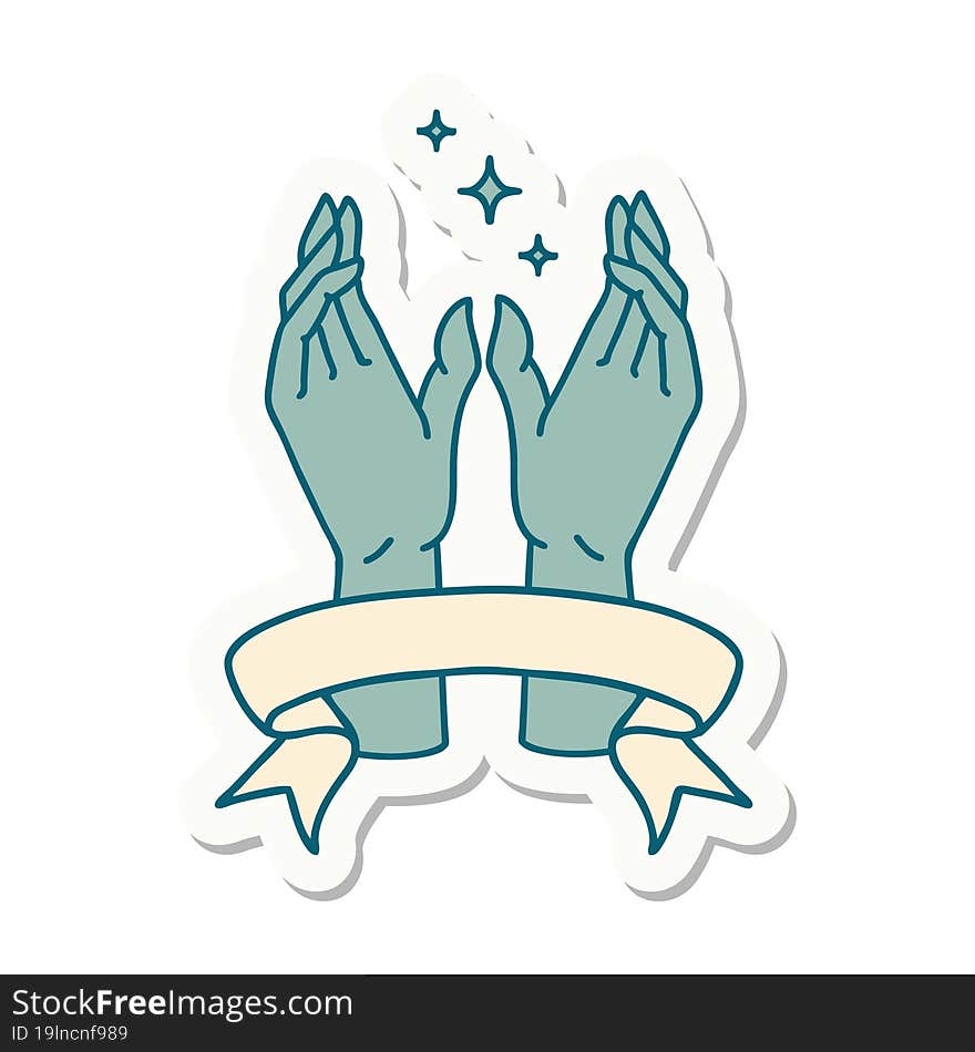 tattoo style sticker with banner of reaching hands