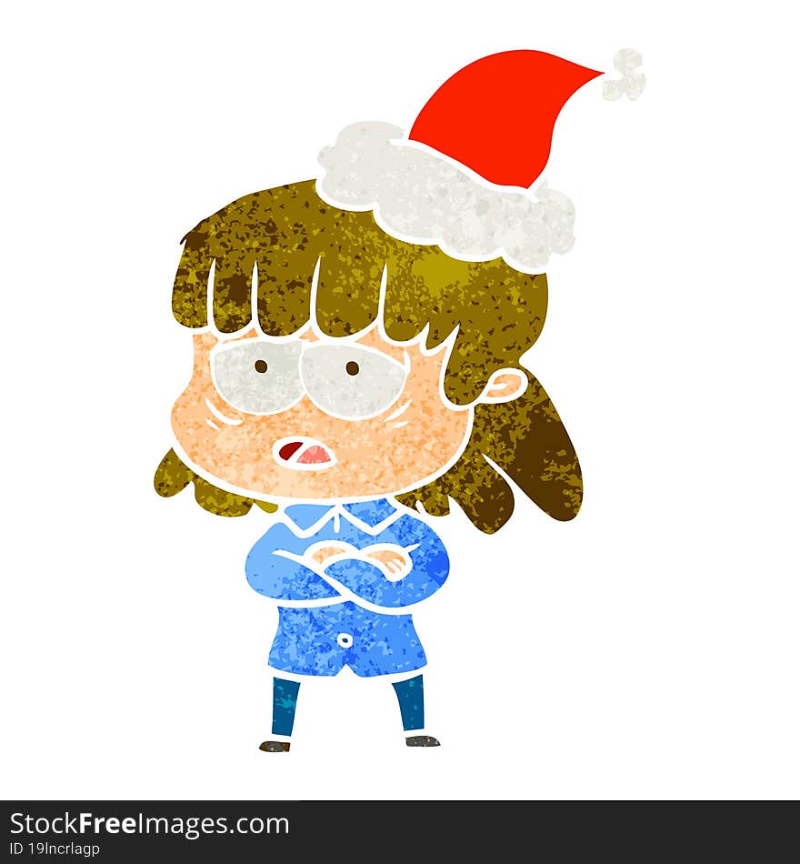 hand drawn retro cartoon of a tired woman wearing santa hat