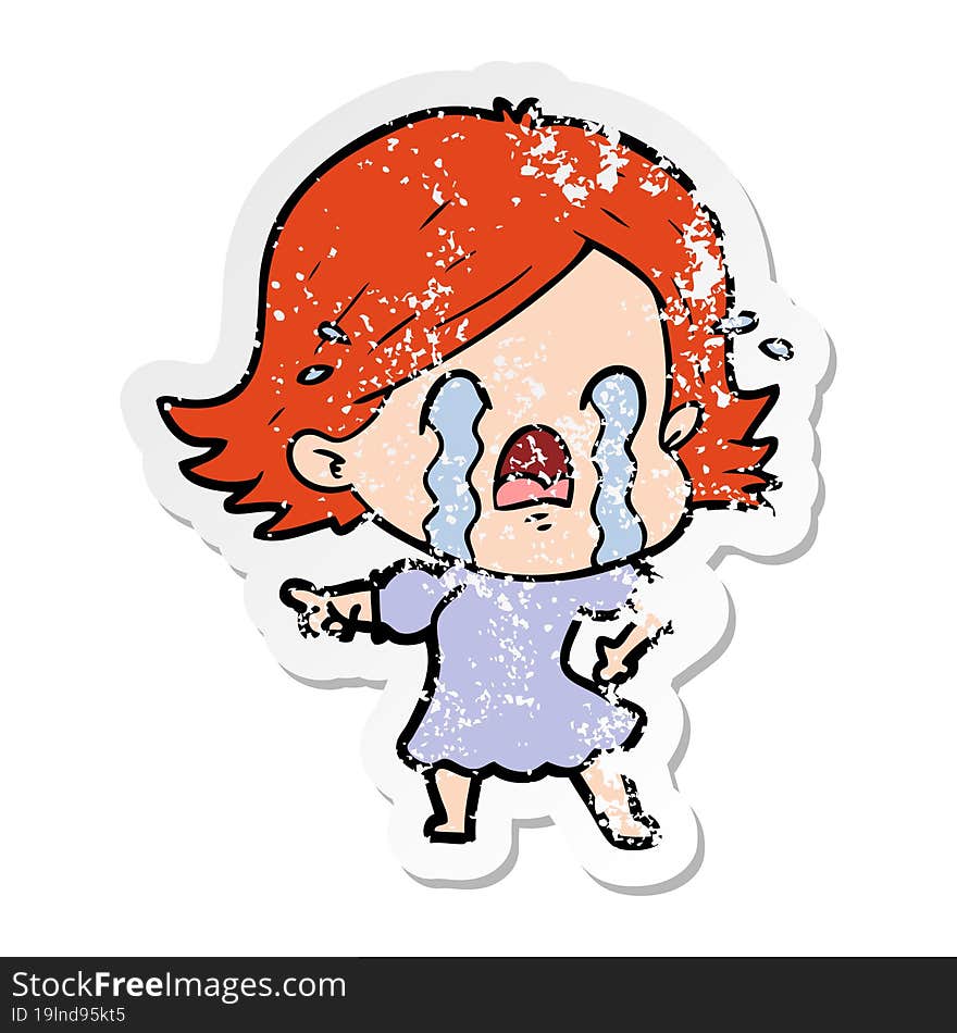 distressed sticker of a cartoon woman crying