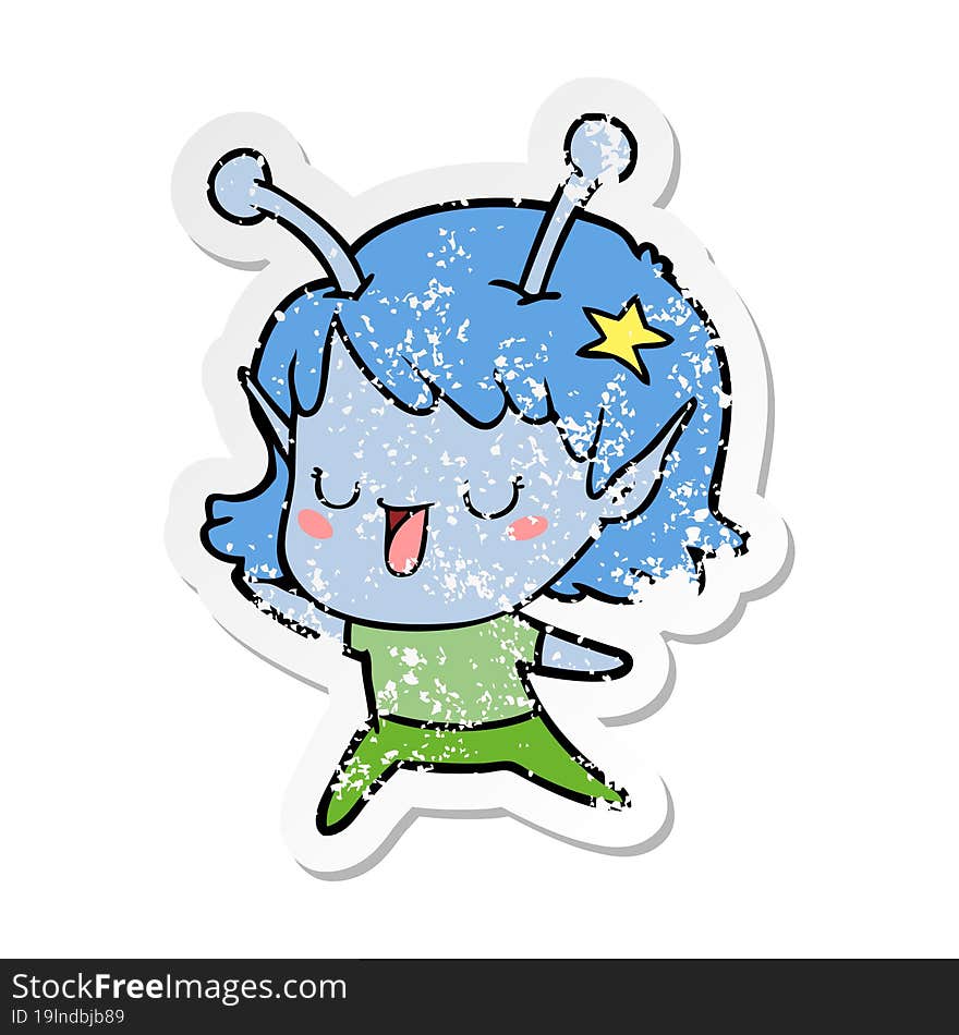 distressed sticker of a happy alien girl cartoon