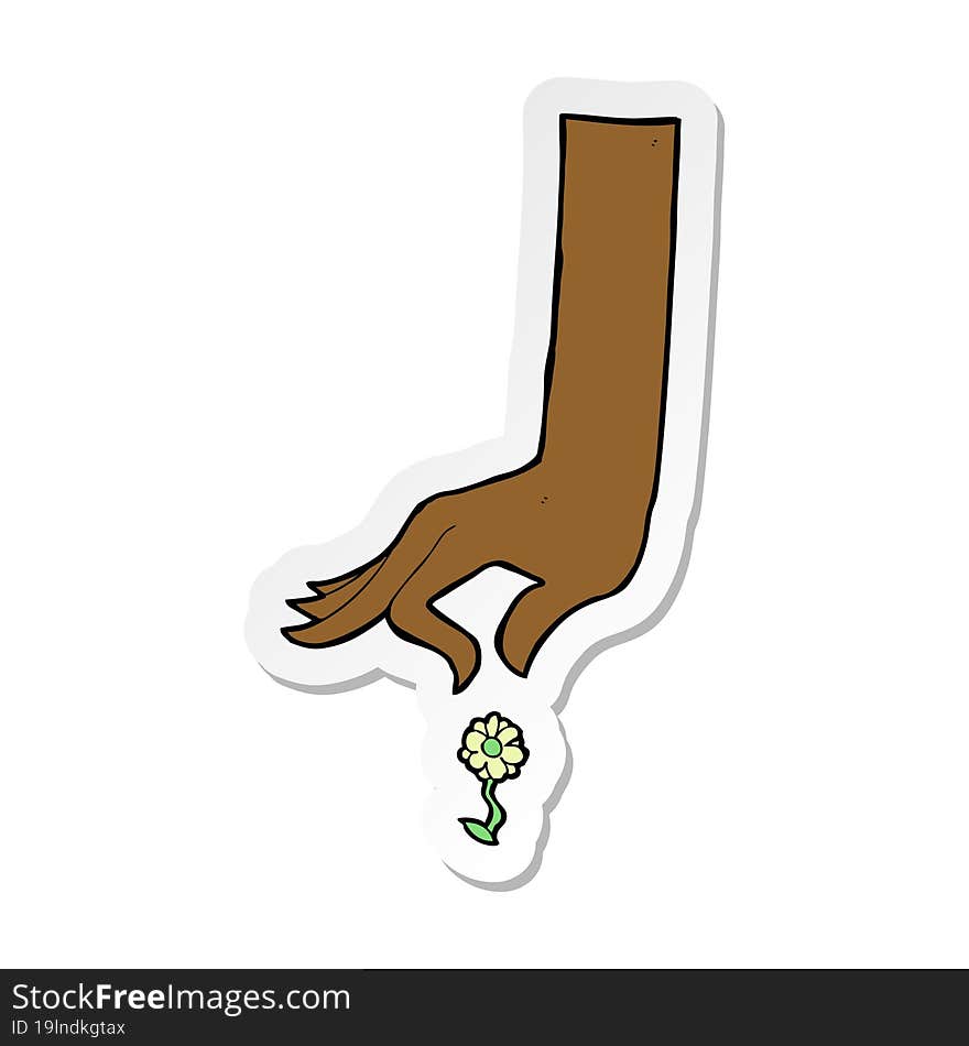 sticker of a cartoon hand picking flower