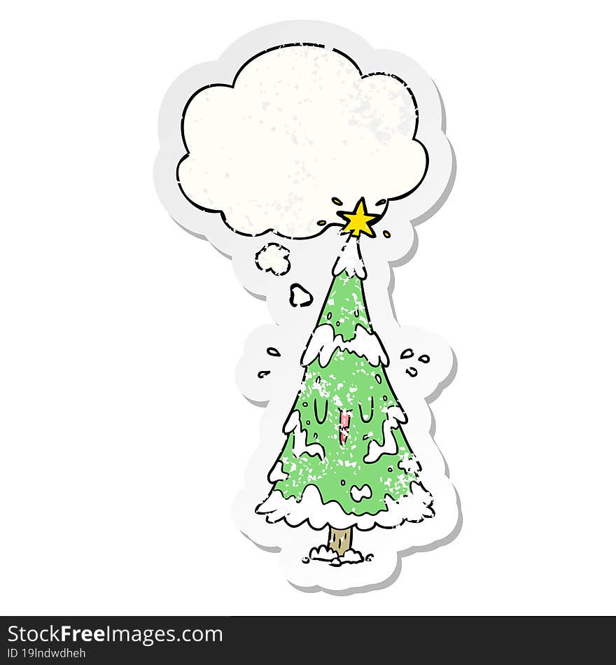 cartoon christmas tree with thought bubble as a distressed worn sticker