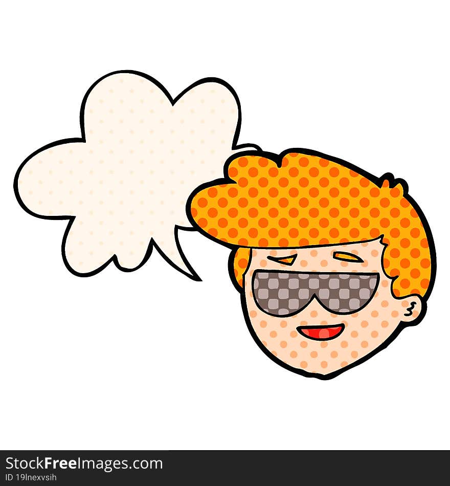 Cartoon Boy Wearing Sunglasses And Speech Bubble In Comic Book Style