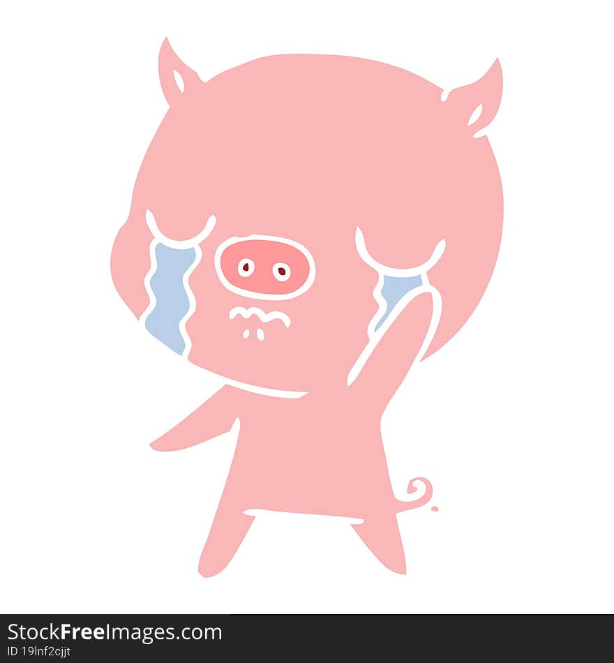 Flat Color Style Cartoon Pig Crying Waving Goodbye