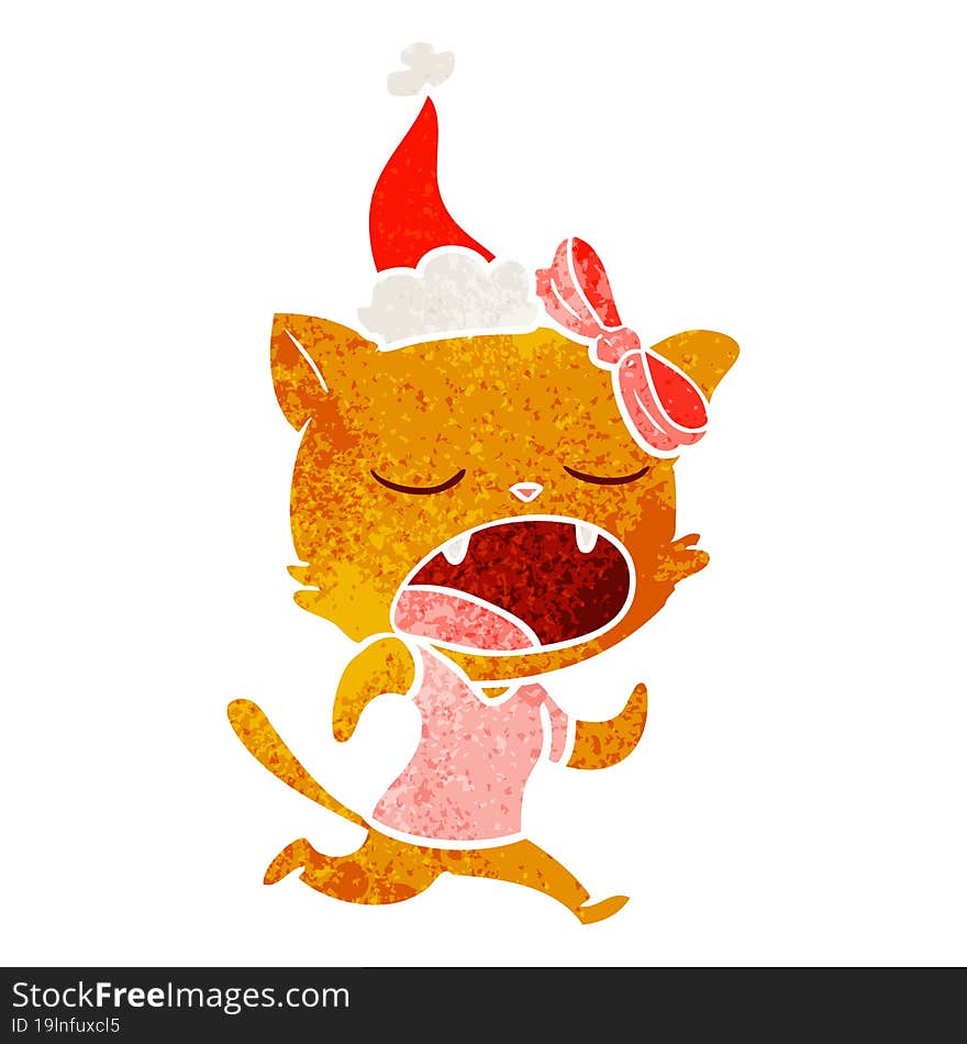 retro cartoon of a yawning cat wearing santa hat