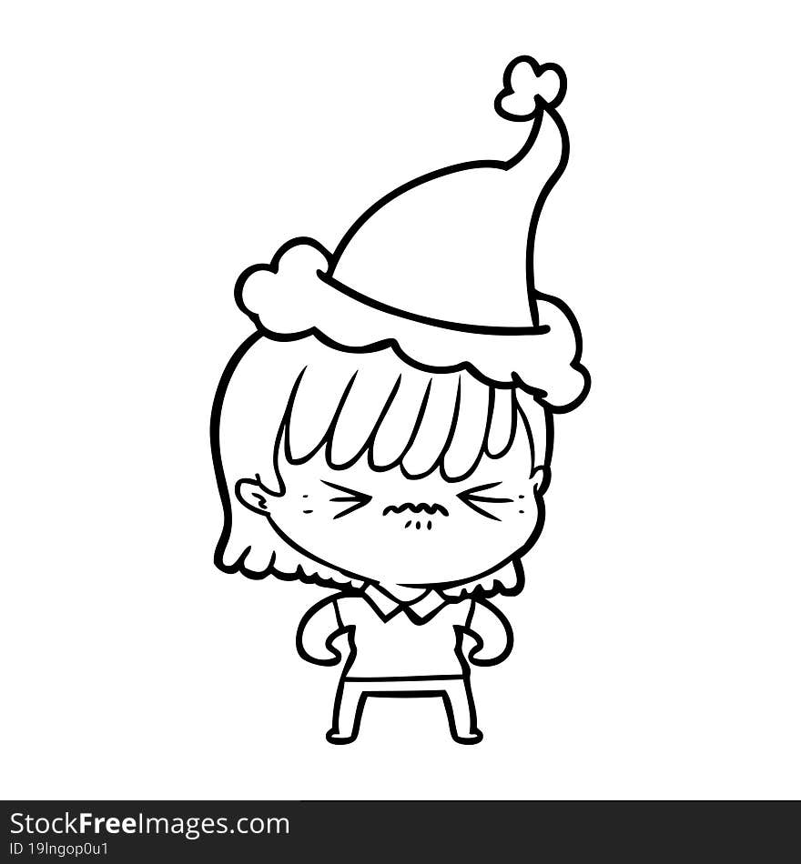 annoyed line drawing of a girl wearing santa hat