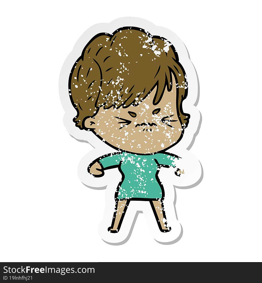 distressed sticker of a cartoon frustrated woman