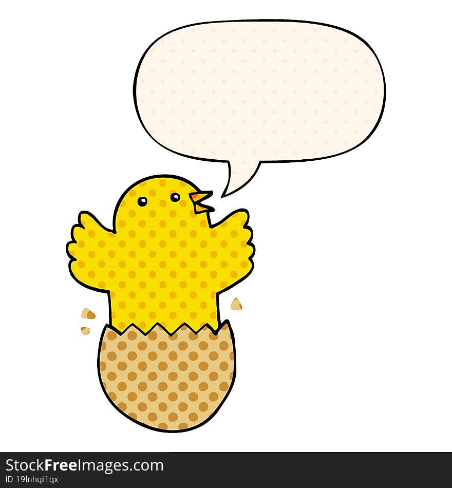 cartoon hatching bird and speech bubble in comic book style