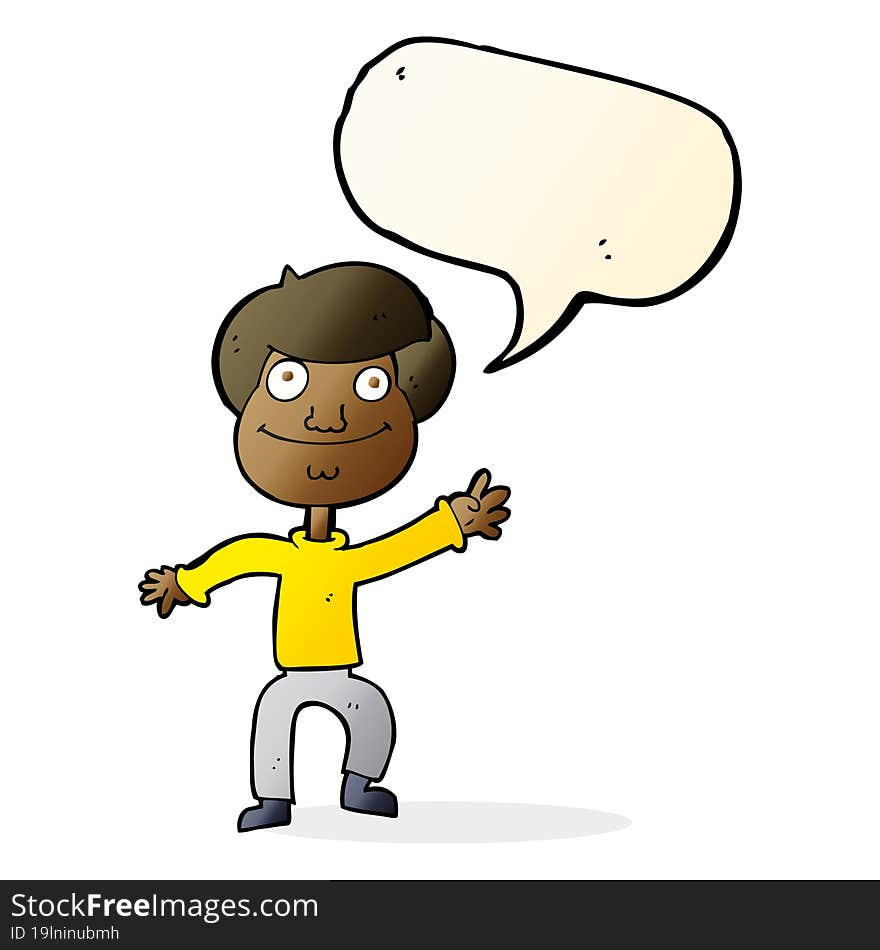 cartoon happy man waving with speech bubble